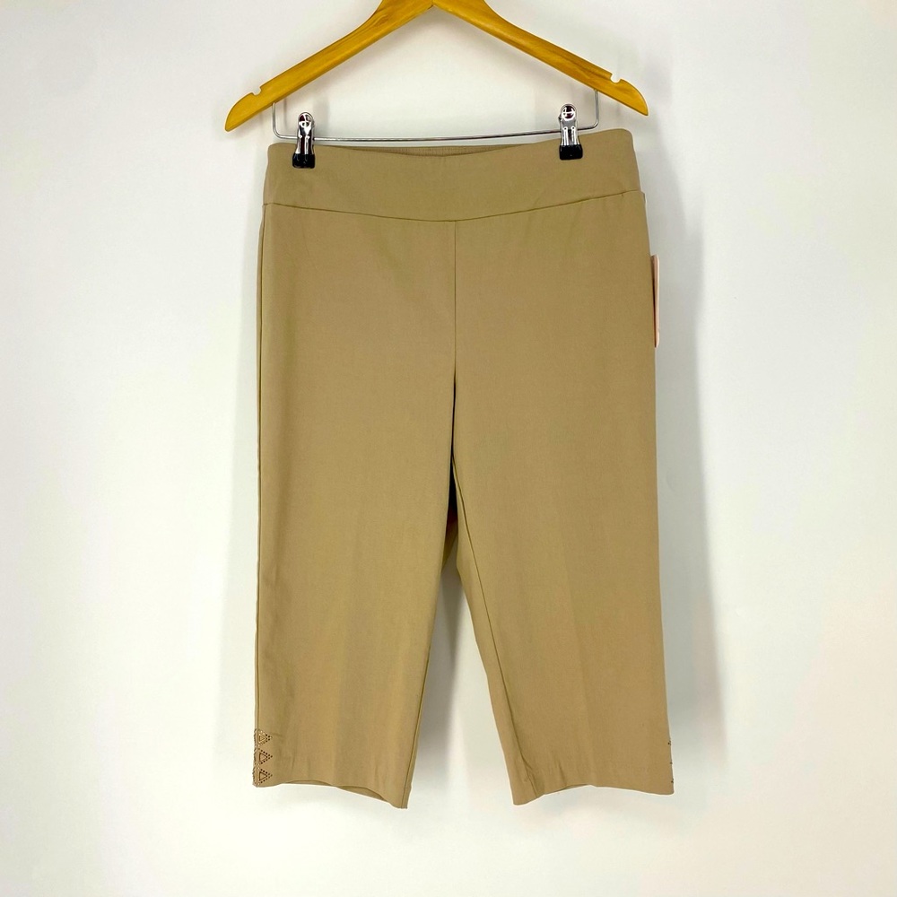Allison Daily Petites High Rise Khaki Stretch Capri Size 8P Rayon Nylon NWT